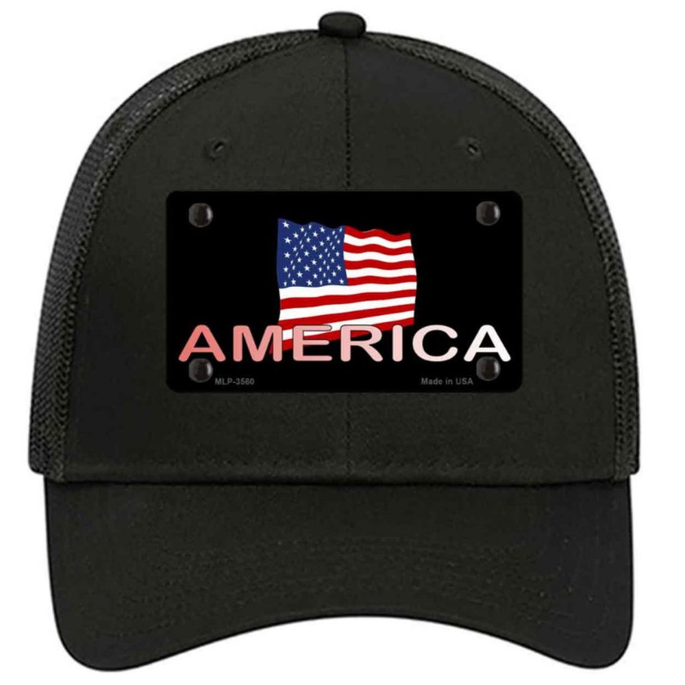 American Flag on Black on Metal Trucker Mesh Snapback - Black